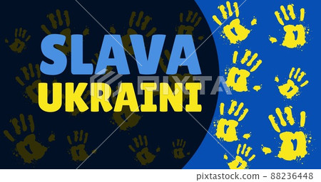 Digital composite image of slava ukraini text by yellow handprints on abstract blue background Digital composite image of slava ukraini text by yellow handprints on abstract blue background 88236448