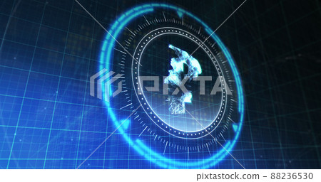 Image of processing circle with rotating rouble over blue and black digital space Image of processing circle with rotating rouble over blue and black digital space 88236530