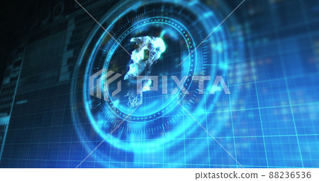Image of processing circle with rotating rouble over blue and black digital space Image of processing circle with rotating rouble over blue and black digital space 88236536