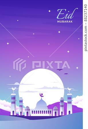 Eid Mubarak Greeting Card Mosque Night Sky Vector Design Template 88237140