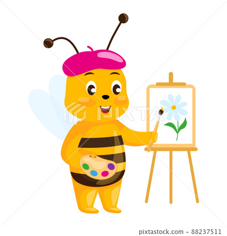 Cute artist bee isolated on white background. Smiling cartoon character painting flower. Cute artist bee isolated on white background. Smiling cartoon character painting flower. 88237511