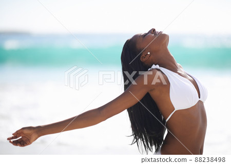 Refreshed by the sea breeze. An african-american woman with her arms outstretched and eyes closed at the beach. 88238498