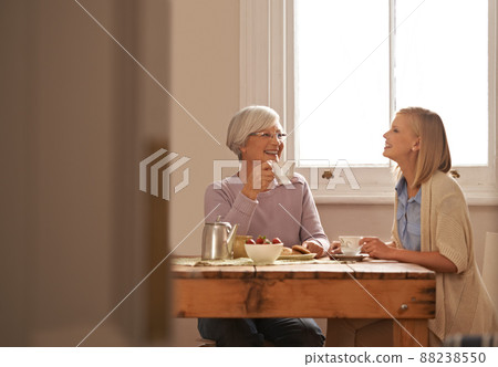Shes always got a funny joke up her sleeve. Cropped shot of an attractive young woman visiting her gran for tea. Shes always got a funny joke up her sleeve. Cropped shot of an attractive young woman visiting her gran for tea. 88238550