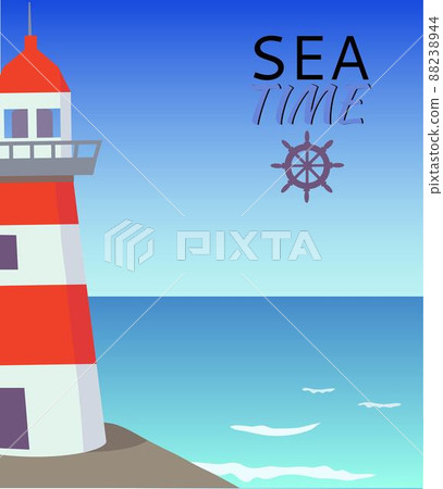 Sea vector background with blue sky, waves and lighthouse. Sea vector background with blue sky, waves and lighthouse. 88238944