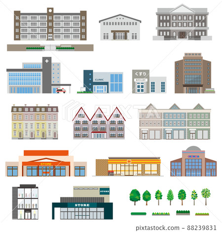 Vector illustrations of various buildings. Exterior of the building. 88239831