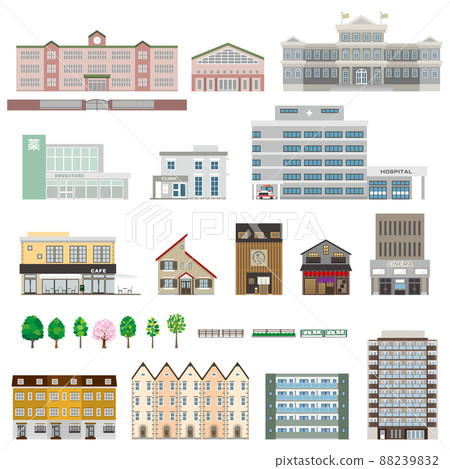 Vector illustrations of various buildings. Exterior of the building. 88239832