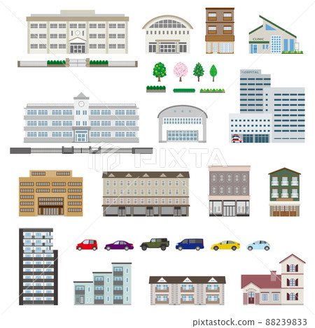 Vector illustrations of various buildings. Exterior of the building. 88239833