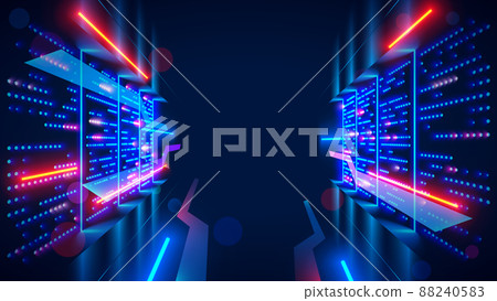 Data center or server room with servers of information cloud storage. Dark datacenter with light of data signals. Technology of computer warehouse of data. Hosting service conceptual tech background. 88240583