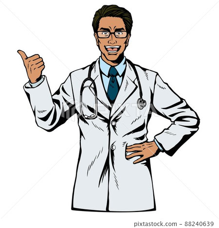 American comic style Japanese male medical doctor Corona business male hand sign thumbs up pose hand on waist 88240639