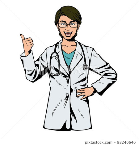 American comic style Japanese woman medical doctor Corona business woman hand sign thumbs up pose hand on waist 88240640
