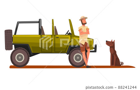 Off road car, man in safari outfit and dog cartoon vector illustration 88241244