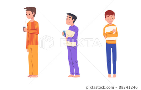 Cute boys in pajamas holding pillows set. Children having slumber party cartoon vector illustration Cute boys in pajamas holding pillows set. Children having slumber party cartoon vector illustration 88241246