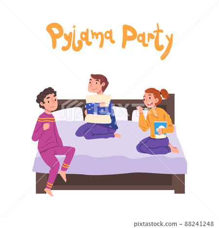 Cute boys and girl in pajamas sitting on bed at slumber party cartoon vector illustration Cute boys and girl in pajamas sitting on bed at slumber party cartoon vector illustration 88241248