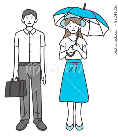 Business woman taking measures against heat stroke by holding a sun umbrella Salaryman doing Cool Biz and a vector of heat stroke measures icons 88241250