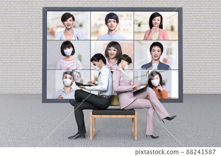 Office workers sit back to back and hold a large number of remotes meetings on a computer Office workers sit back to back and hold a large number of remotes meetings on a computer 88241587
