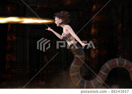 A terrifying Medusa sheds light on the intruder and turns it into a stone. 3D illustration 3D rendering 88241657