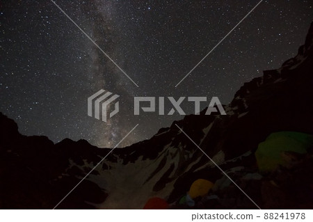 [Matsumoto City, Nagano Prefecture, July] A view from the Karasawa Hut tent site, with the sky covered in stars and the Hotaka mountain range 88241978
