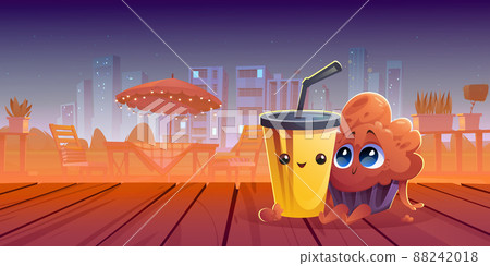 Happy cake and plastic cup characters in cafe Happy cake and plastic cup characters in cafe 88242018
