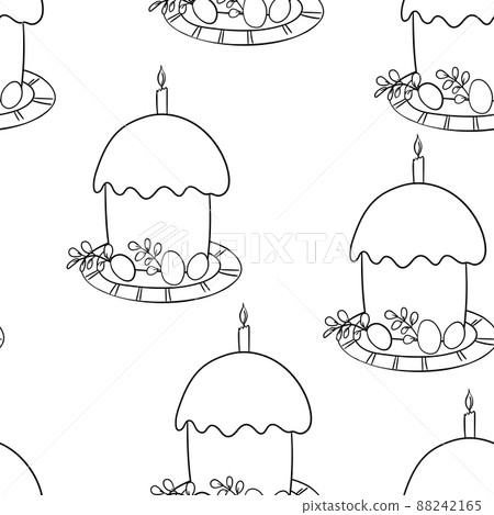 Seamless pattern with Easter cake on white background. Hand drawn Happy Easter symbol. Design for card, postcard, wallpaper, poster, fabric, textile. Holiday sweet food. Doodle style 88242165