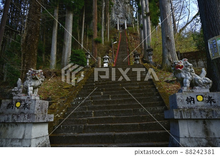 Komainu on the stone steps of the approach to Mt. Myogi Yamanakanotake Shrine Komainu on the stone steps of the approach to Mt. Myogi Yamanakanotake Shrine 88242381