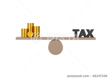 3D. Golden money and wooden cube block tax on seesaw for unbalance of earning or income and government tax deduction. 3D. Golden money and wooden cube block tax on seesaw for unbalance of earning or income and government tax deduction. 88245506