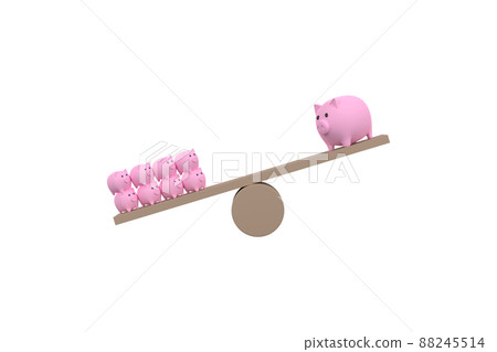 3D. piggy bank on wood seesaw unbalancing. Saveing concept 88245514