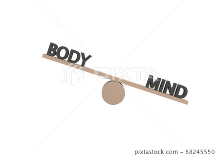 3D. words body and mind on wooden seesaw unbalancing on white background 3D. words body and mind on wooden seesaw unbalancing on white background 88245550