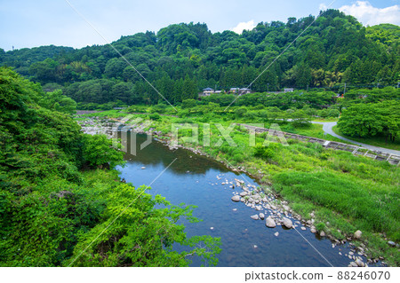 渡瀨溪谷，渡瀨川，水沼站附近，從黑根大橋下游看，初夏風景 88246070