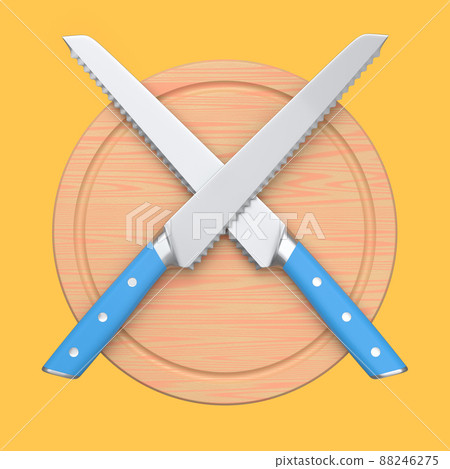 Chef's kitchen knives on a wooden board isolated on orange background. 88246275