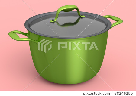 Stainless steel stewpot and chrome plated aluminum cookware on pink background Stainless steel stewpot and chrome plated aluminum cookware on pink background 88246290