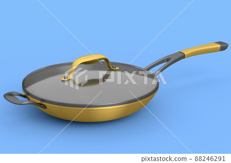 Frying pan with glass lid on blue background, non-stick kitchen utensils Frying pan with glass lid on blue background, non-stick kitchen utensils 88246291