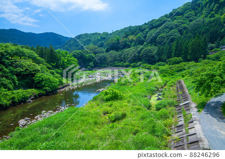 渡瀨溪谷，渡瀨川，水沼站附近，從黑根大橋下游看，初夏風景 88246296