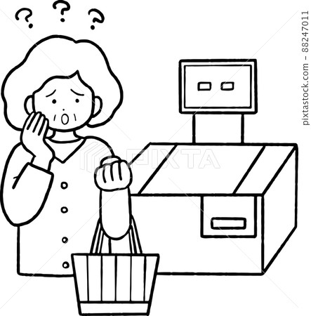 Illustration of a senior woman who does not know how to use self-registration Line drawing only Illustration of a senior woman who does not know how to use self-registration Line drawing only 88247011