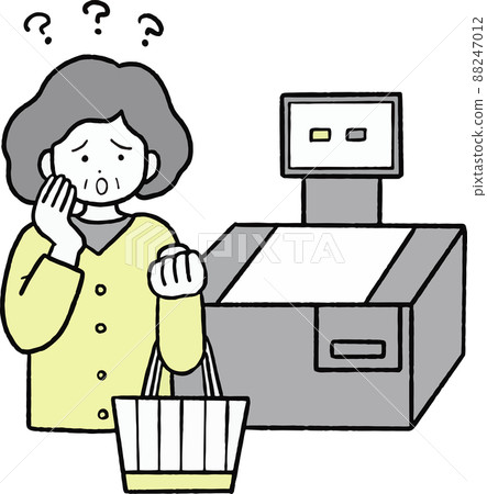 Illustration of a senior woman who does not know how to use self-registration Illustration of a senior woman who does not know how to use self-registration 88247012