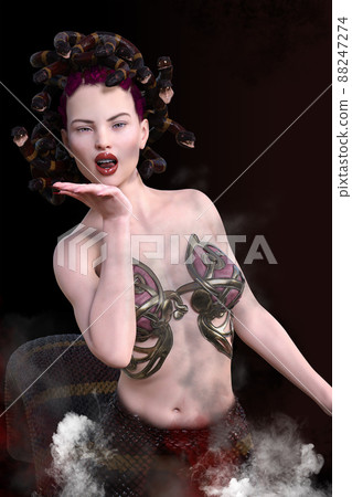 美杜莎在擺姿勢時朝我們走來。 3D 插圖 3D 渲染 88247274