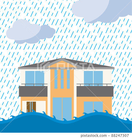 Detached house, illustration of house flood, heavy rain and flood damage, non-life insurance natural disaster image 88247307