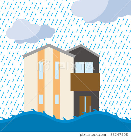 Detached house, illustration of house flood, heavy rain and flood damage, non-life insurance natural disaster image 88247308