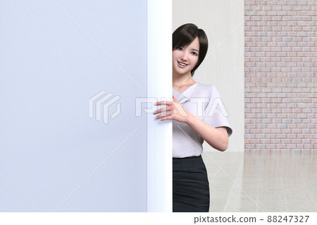 A cute business woman looking half hidden from behind the wall. 3D illustration 3D rendering 88247327