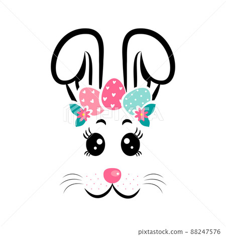 The face of the bunny with a wreath of eggs. Easter bunny face The face of the bunny with a wreath of eggs. Easter bunny face 88247576