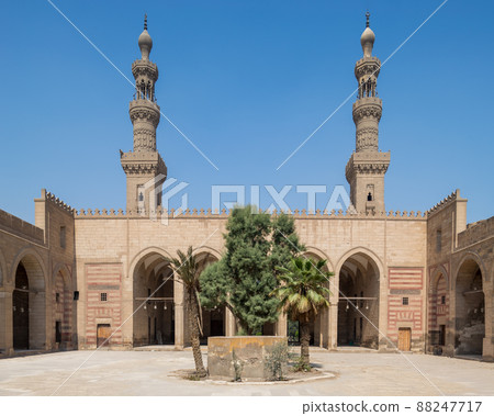 Courtyard of al Nasir Faraj ibn Barquq public historical mosque with two minarets, Cairo, Egypt Courtyard of al Nasir Faraj ibn Barquq public historical mosque with two minarets, Cairo, Egypt 88247717