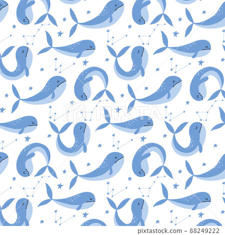 Seamless pattern with cute blue whales and... - Stock Illustration ...