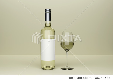 Bottle of white wine with label and a glass goblet in photo-realistic style on a clear green background. 3d realism illustration 88249388