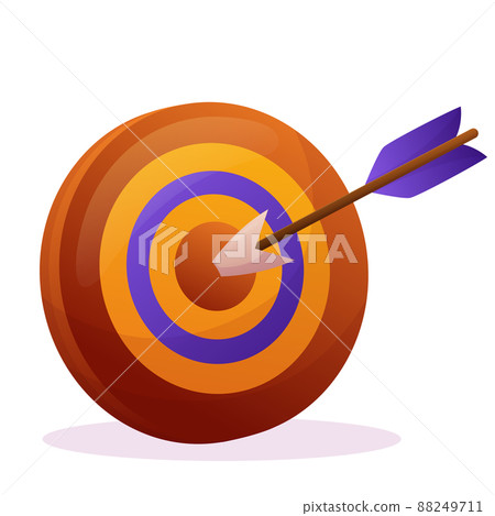 Arrow hit to center of target. Business goal, focus to success. Vector isolated illustration on white background with shadow. Red, yellow and violet colors. 88249711