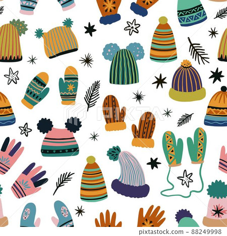 Cute vector seamless pattern of winter clothing, hats, mittens and gloves. Freehand drawn doodle elements. Cute vector seamless pattern of winter clothing, hats, mittens and gloves. Freehand drawn doodle elements. 88249998