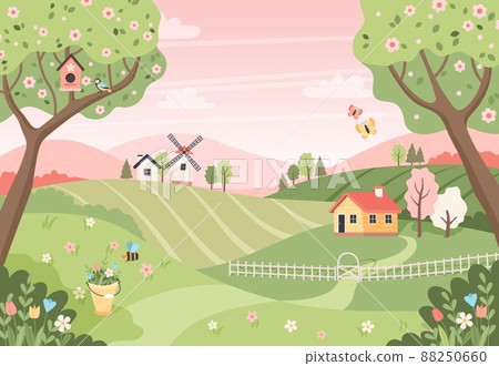 Spring landscape with trees, fields, houses and windmill. Easter background, countryside landscape. Vector illustration in flat style 88250660