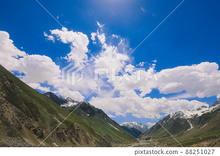 Amazing View to the Snow Capped Mountain Peaks in the Gilgit Baltistan Highlands under the Blue Sky Amazing View to the Snow Capped Mountain Peaks in the Gilgit Baltistan Highlands under the Blue Sky 88251027