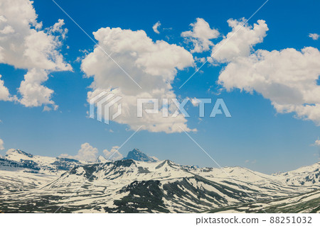 Amazing View to the Snow Capped Mountain Peaks in the Gilgit Baltistan Highlands under the Blue Sky Amazing View to the Snow Capped Mountain Peaks in the Gilgit Baltistan Highlands under the Blue Sky 88251032