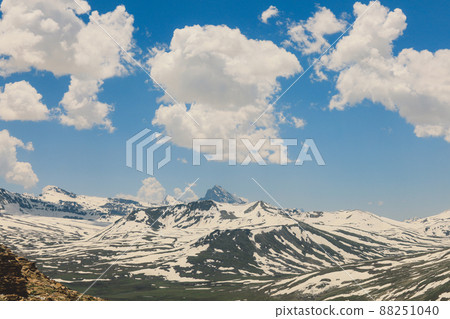 Amazing View to the Snow Capped Mountain Peaks in the Gilgit Baltistan Highlands under the Blue Sky Amazing View to the Snow Capped Mountain Peaks in the Gilgit Baltistan Highlands under the Blue Sky 88251040