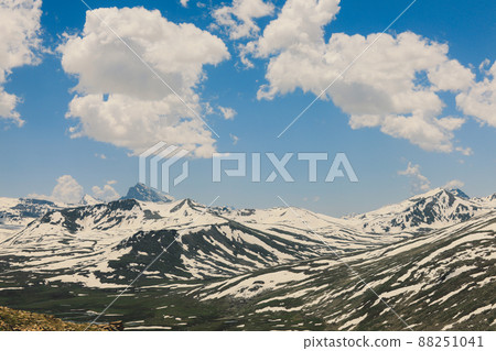 Amazing View to the Snow Capped Mountain Peaks in the Gilgit Baltistan Highlands under the Blue Sky Amazing View to the Snow Capped Mountain Peaks in the Gilgit Baltistan Highlands under the Blue Sky 88251041