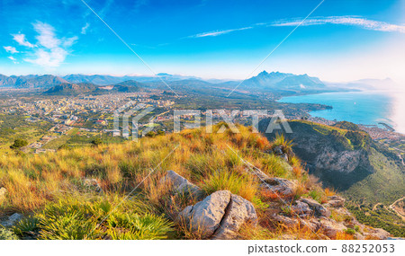 Astonishing morning view of Bagheria town and national park Orientata Pizzo Cane. 88252053